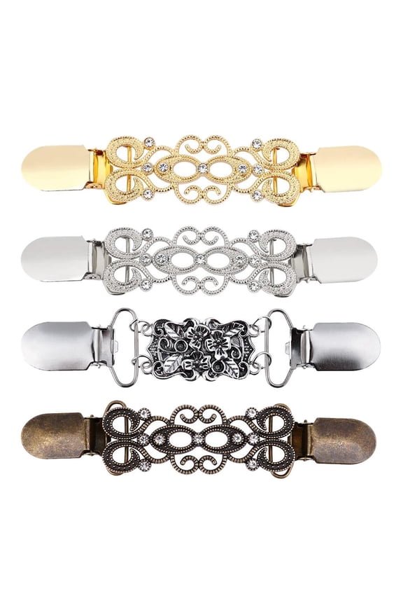 Retro Shawl Clips With Chain - Pack Of 4 - Sweater Clips Clasp, s Collar Pins Brooches