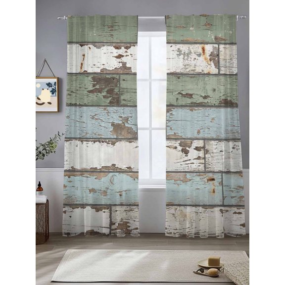 Retro Sheer Curtains 84 inches Long, Farmhouse Rustic Cottagecore Nature Wood Grain Light Filtering Sheer Window Curtains Rod Pocket Voile Drapes for Bedroom Living Room, 2 Panels