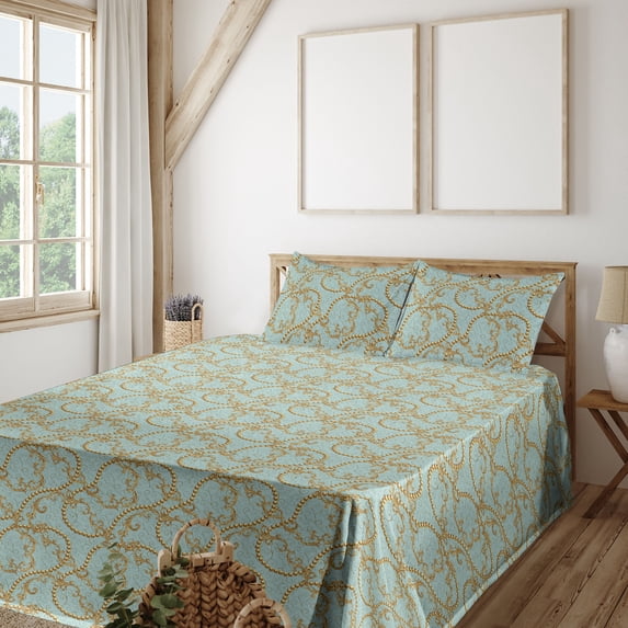 Retro Sheet Set, Beads and Swirly Floral Motifs Print Art Deco Inspirations Vintage Pattern, Fitted & Flat Sheet with Pillowcase Bedding Accent 4 Pcs Set, Queen, Pale Blue and Mustard, by Ambesonne