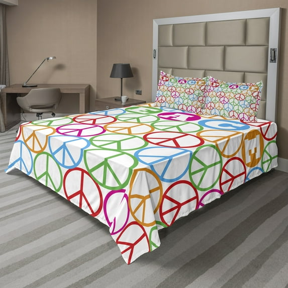 Ambesonne Colorful Fitted & Top Sheet Set with Shams, Peace Letters, Multicolor