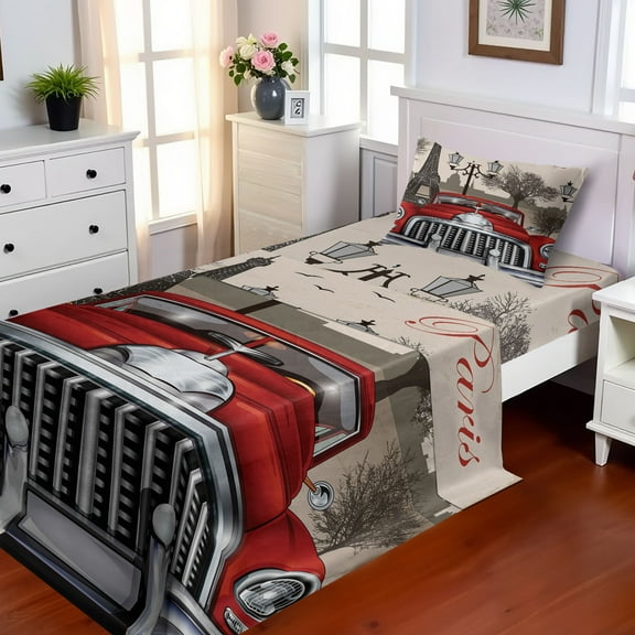 Ambesonne Retro Fitted & Top Sheet Set with Sham, Parisian City Scenery Car Art, Cream Grey Red