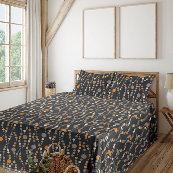 Ambesonne Retro Fitted & Flat Sheet with Shams 4 Pcs Set, Groovy Dots Pattern Circles, Queen, Dark Blue Grey Marigold