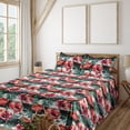 thumbnail image 1 of Ambesonne Retro Fitted & Flat Sheet with Shams 4 Pcs Set, Horizontal Lines Poppies Art, King, Dark Pink and Jade Green, 1 of 1