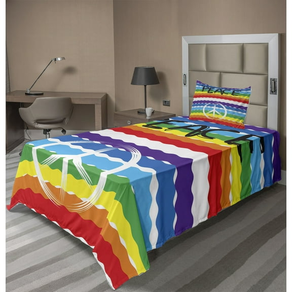 Ambesonne Retro Fitted & Top Sheet Set with Sham, Stripes Peace Lettering, Multicolor