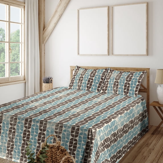 Ambesonne Retro Fitted & Flat Sheet with Sham 3 Pcs Set, Semicircle and Square Shapes, Twin XL, Cadet Blue Champagne
