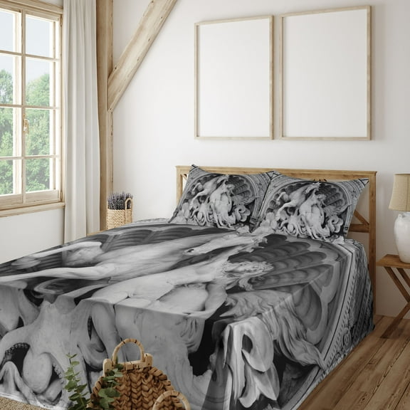 Retro Sheet Set, Struggling Nymph Octopus Seashell Horse in Lunettert Bologna, Fitted and Flat Sheet with Pillowcases Bedding Accent 4 Piece Set, Full, Grey, by Ambesonne