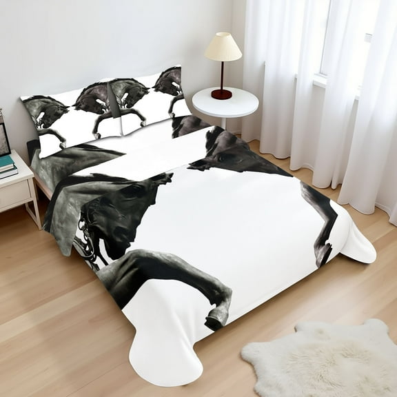 Ambesonne Vintage Fitted & Top Sheet Set with Shams, Abstract Horse, Brown Sage Green