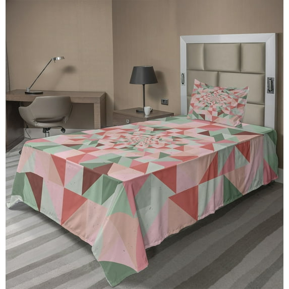 Retro Sheet Set, Unusual Art Composition of Geometrical Shapes Triangles Pastel Color Pattern, Fitted and Flat Sheet Pillowcase Bedding Accent 3 Piece Set, Twin XL, Green Pink Coral, by Ambesonne