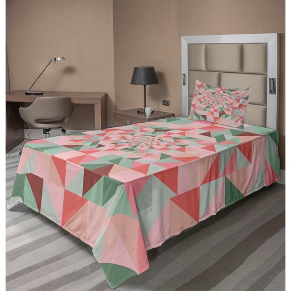 Ambesonne Retro Fitted & Top Sheet Set with Sham, Geometry Shapes Pastel, Green Pink Coral