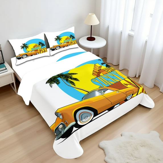 Ambesonne Retro Fitted & Top Sheet Set with Shams, Vintage Car in City Miami, Orange Yellow and Blue