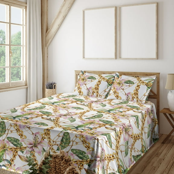 Ambesonne Retro Fitted & Flat Sheet with Shams 4 Pcs Set, Lily Flowers Chain Look Print, Queen, Blush Mustard Fern Green