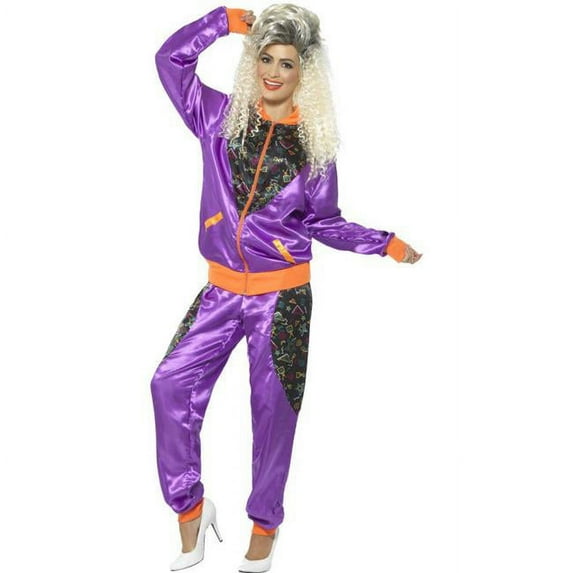Retro Shell Suit Costume Ladies Adult Purple 1980s Medium Female Fancy Dress Party Book Week Halloween