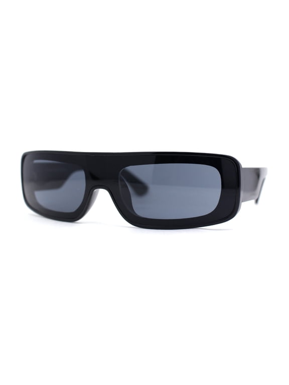 Retro Shield Narrow Rectangle Flat Top Plastic Sunglasses All Black