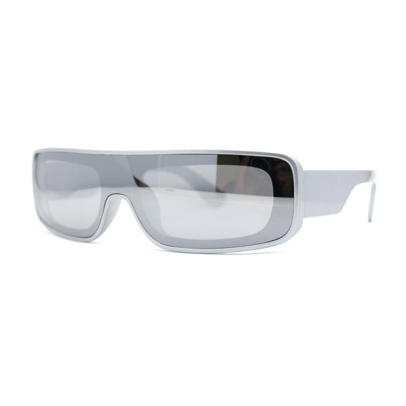Retro Shield Narrow Rectangle Flat Top Plastic Sunglasses Silver Mirror