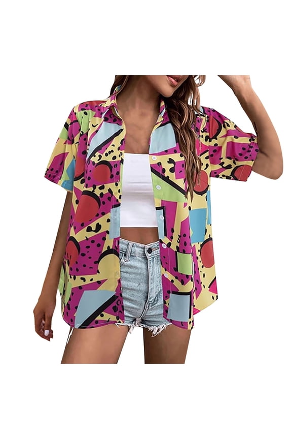 Retro Shirts for Women Short Sleeve Collared Vintage Party Disco Outfits Neon Hawaiian Button Down Blouses Tees Tops