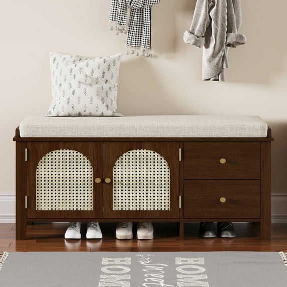 Retro Shoe Storage Bench with 2 Drawers and 2 Wicker Doors, Large Capacity Storage Shoe Stool with Cotton Cushion, for Living Room, Espresso