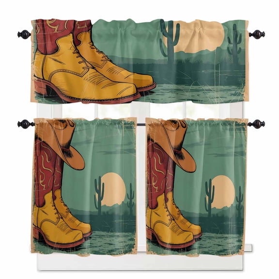 Retro Shoes Hats Window Curtains Valance Set of 3 Sunset Cactus Cartoon Western Cowboys Rod Pocket Small Kitchen Curtain, Soft Window Treatment for Bedroom Party Holiday Decor