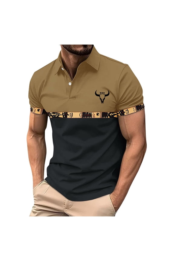 Retro Short Sleeve Shirts for Men Vintage West Cowboy Country Aztec Bull Print Stand Collar Button Tee Tops