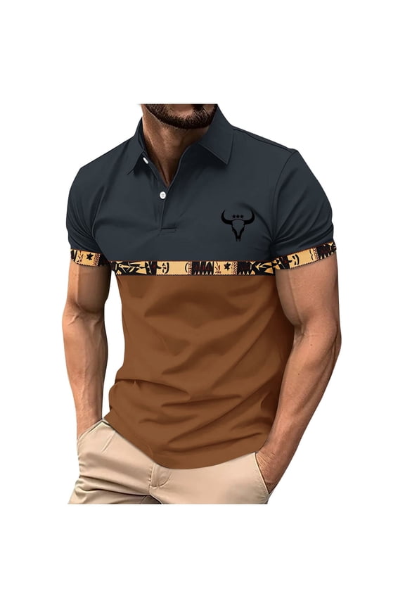 Retro Short Sleeve Shirts for Men Vintage West Cowboy Country Aztec Bull Print Stand Collar Button Tee Tops