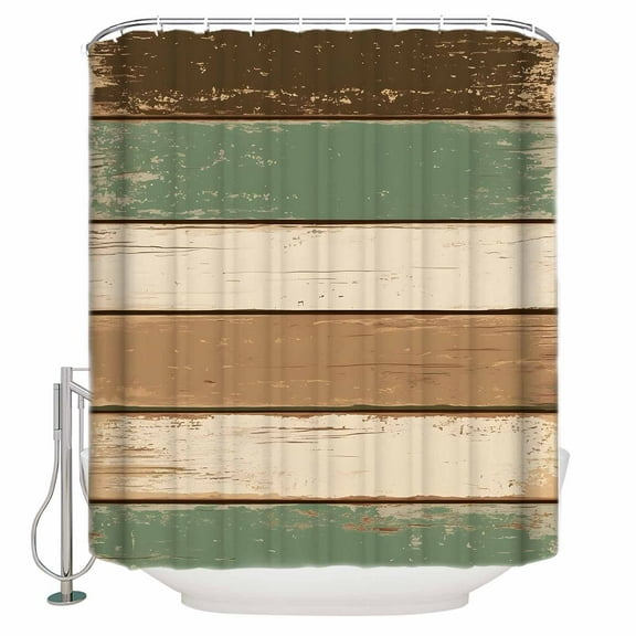Retro Shower Curtain, 72" x 72", Brown Green Stripe Antique Wood Background Waterproof Bathroom Curtain Washable Shower Curtain Set with 12 Hooks