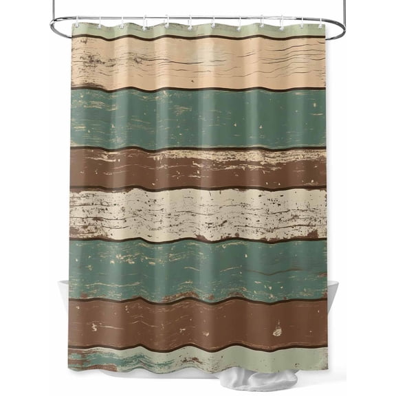 Retro Shower Curtain, Brown Green Striped Antique Wood Background Waterproof Shower Curtain Set with 12 Hooks Lightweight Washable Fabric Shower Curtains for Bathroom 36x72 Inches