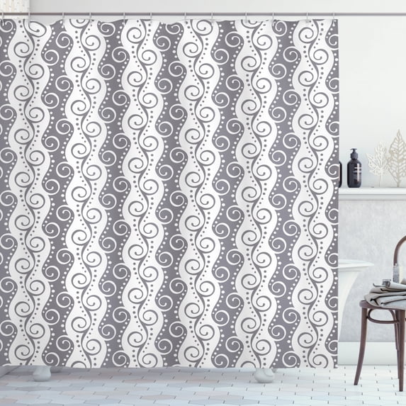Retro Shower Curtain, Continuous Vertical Stripes with Swirls and Dots Pattern Doodle Ornamentation, Fabric Bathroom Set with Hooks, 69W X 75L Inches Long, Grey and White, by Ambesonne