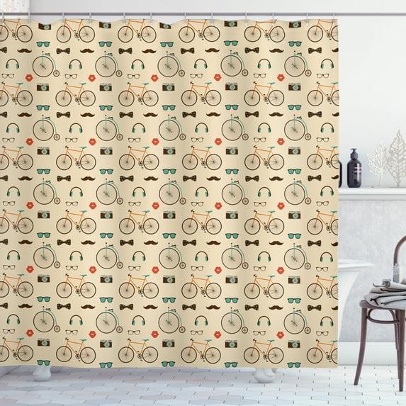 Retro Shower Curtain, Hipster Style Pattern with Old Fashioned Bicycles Sunglasses Headphones Cameras Lips, Fabric Bathroom Set with Hooks, 69W X 75L Inches Long, Multicolor, by Ambesonne