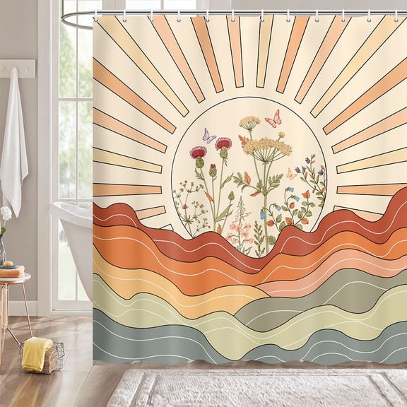 Retro Shower Curtain,Wild Flower Daisy and Butterfly Shower Curtain for Bathroom Decor,Vintage Groovy Aesthetic Hippie Shower Curtains,Rainbow Sun Boho Floral Bath Curtain 72X84in