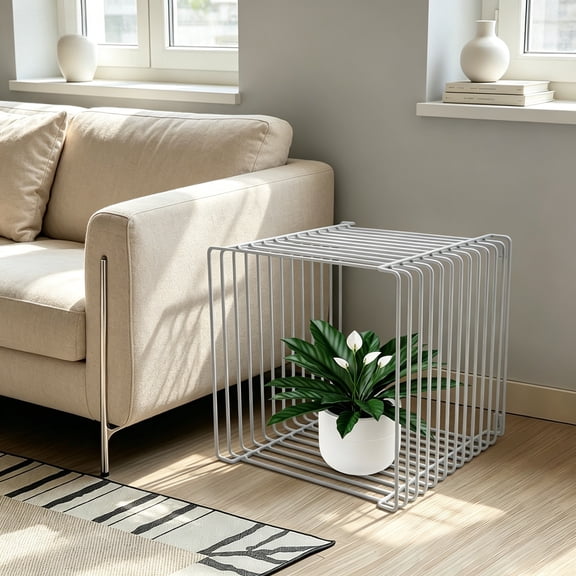 Retro Side Table, Industrial Night Stand, Wire Cube Storage Rack, Coffee Table, Small End Table, Iron Multi-Purpose Desktop Shelf for Compact Spaces, Living Room, Bedroom, Silver, 11.81"