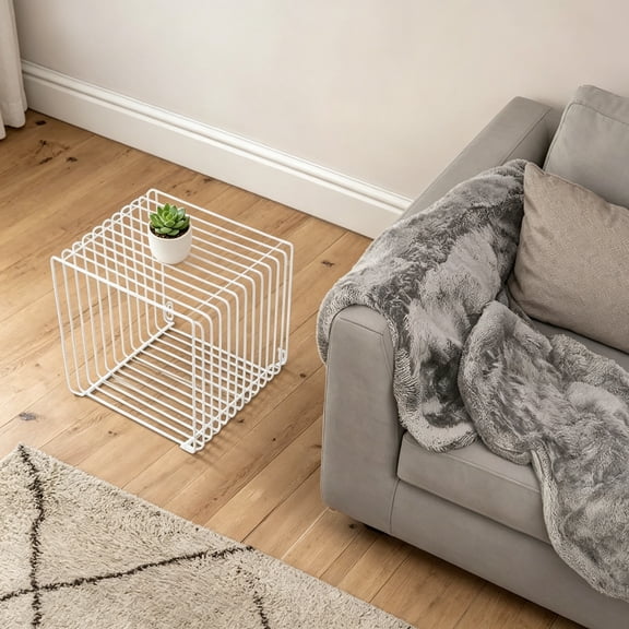 Retro Side Table, Industrial Night Stand, Wire Cube Storage Rack, Coffee Table, Small End Table, Iron Multi-Purpose Desktop Shelf for Compact Spaces, Living Room, Bedroom, White, 11.81"