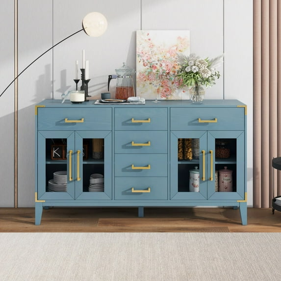 Retro Sideboard Buffet Cabinet with 6-drawer and 2-Cabinet ,Storage Cabinet with Gold Handles and Solid Wood Legs,Console Table for Kitchen and Living Room,Antique Blue