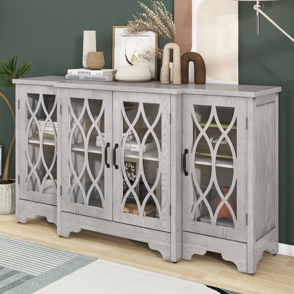 Retro Sideboard Glass Door With Curved Line Design Ample Storage Cabinet With Black Handle And Three Adjustable Shelves For Dining Room And Kitchen (Antique White)