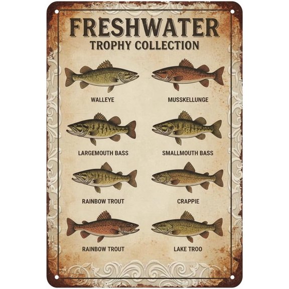 Retro Sign Game Fish Vintage Tin Fishing Bass Trout Salmon Decor Outdoor Indoor Wall Panel Mural Size 8x12 INCH Signs Plates Printed style 2