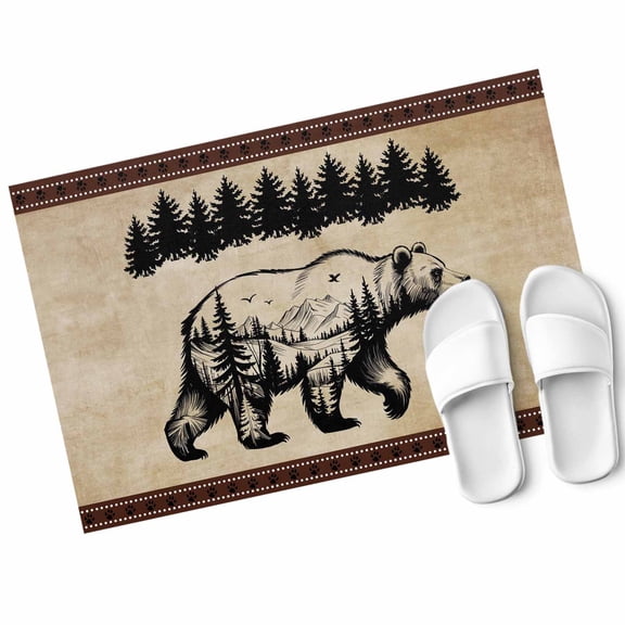 Retro Silhouette Door Mat Bear Forest Brown Texture Non Slip Absorbent Entrance Mat Washable Low Profile Indoor Doormat for Front Door Entryway Entry 16"x24"