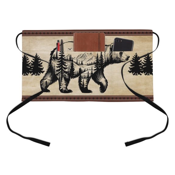 Retro Silhouette Half Waist Apron Bear Forest Brown Texture Short Waiter Aprons with 3 Pockets for Women Men Kitchen Restaurant Cooking
