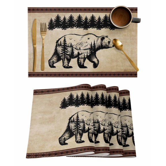 Retro Silhouette Placemats Set of 12 Bear Forest Brown Texture Heat Insulation Washable Place Mats, Rustic Non-Slip Table Mats for Dining Table Party Kitchen Decor,13x19 Inch