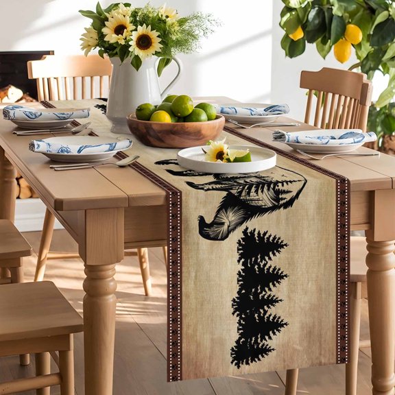 Retro Silhouette Table Runner, Bear Forest Brown Texture Washable Kitchen Table Runners Dress Scarves for Dining Table Decorations Party/Restaurant/Indoor Outdoor Use, 13x36in