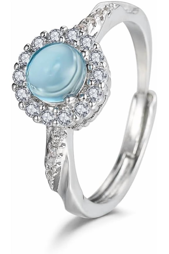 Retro Simulated Moonstone Blue Opal Halo Open Ring Thin Delicate Adjustable 925 Sterling Silver Plated Round Gemstone Boho Statement Gem Stone Promise Engagement Jewelry Gift for Women