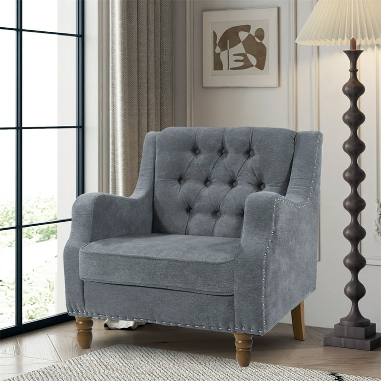 Retro Single Sofa Chair Linen Upholstered Accent Chair with Thick Seat Cushion and Wide Backrest Tufted Living Room Chairs with Vintage Brass Studs for Reading Room Bedroom Office Gray Walmart