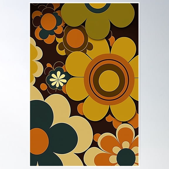 Retro Sixties Mod Flowers (Yellow, Brown, Orange) Poster Wall Art, Modern Wall Decor, 12x18 UNFRAMED