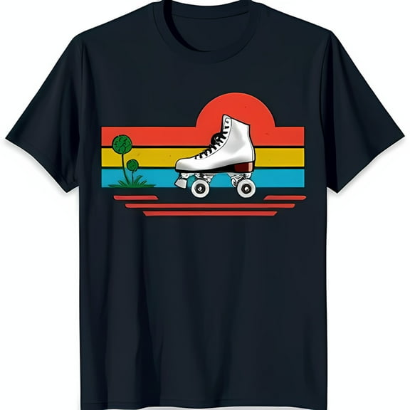 Retro Skate T-Shirt Colorful Sunset Design on Dark Blue Tee