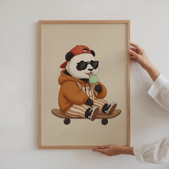 Retro Skateboarding Panda Poster Nursery Toddler Art Cute Wall Playroom Decor Cool Animal Gender Neutral Design1 Poster, Unframed Size 8x12