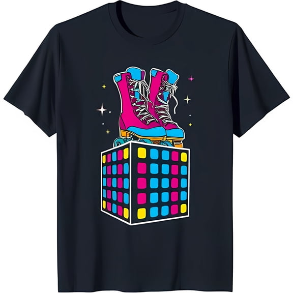 Retro Skates Graphic on Black T-Shirt 80s Inspired Design