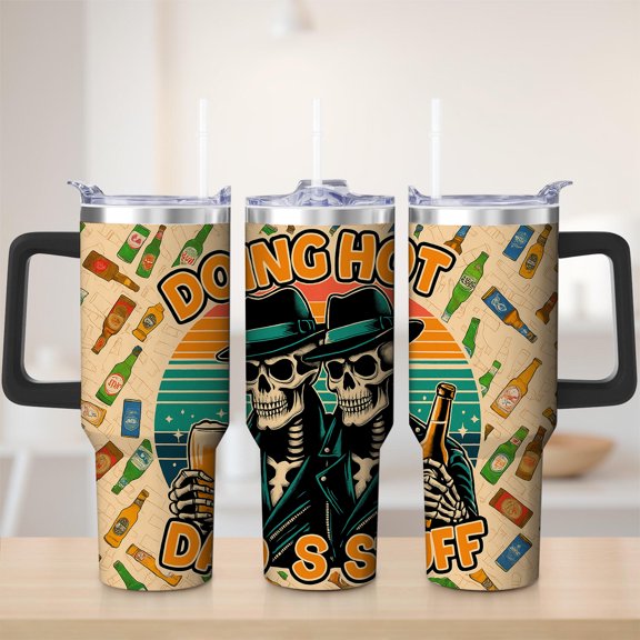 Retro Skeleton Beer Design Stainless Steel Insulated Mug with Lid and Handle, 30oz
