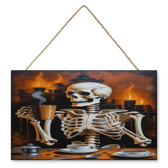 Retro Skeleton Cafe Shop Pictures Wooden Hanging Sign All Saints' Day Decor Halloween Decoration Coffee Bar Cart Accessories for Home Kitchen, Halloween Festivities 10"x16"