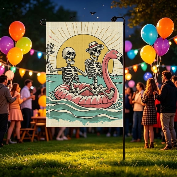 Retro Skeleton Flamingo Inflatable Float Printed Garden Flag, Holiday Outdoor Garden Party Decor, No Flagpole, Halloween Gift