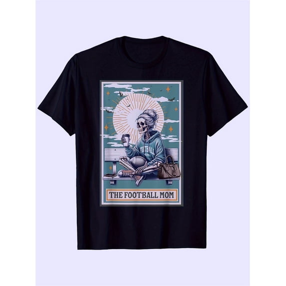Retro Skeleton Football Mom Graphic T-Shirt Funny Vintage Sports Aesthetic Tee Women Cute Halloween Game Day Apparel