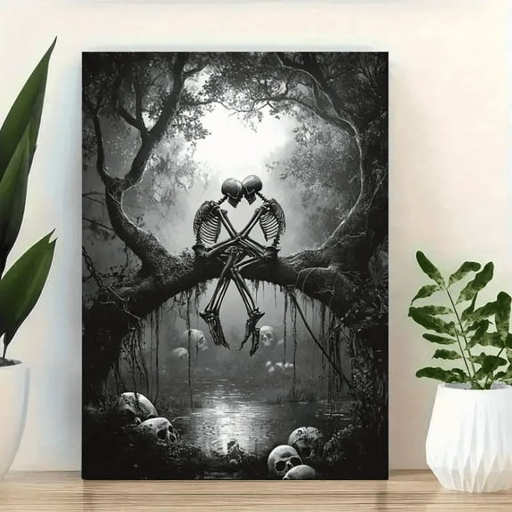 Retro Skeletons in Love Wall Art, Black & White Poster & Canvas Print