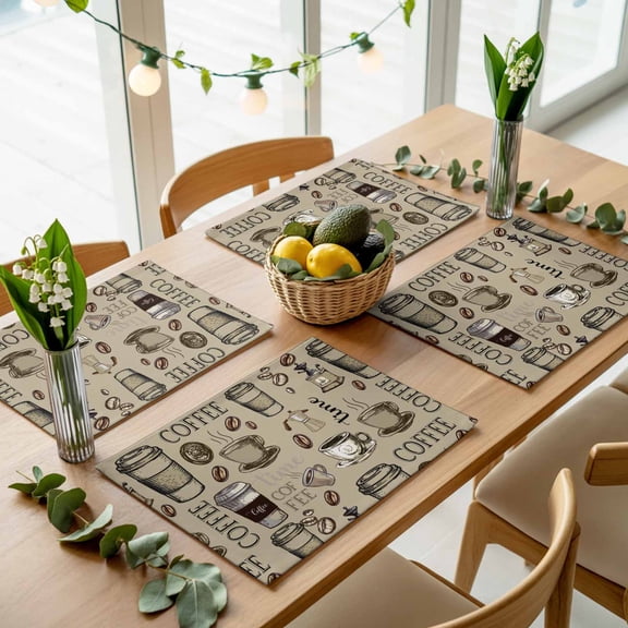 Retro Sketch Coffee Set Bean with Quote Placemats Set of 4,Wipeable Washable Table Mats for Dining Tables, Aromatic Drink on Khaki Place Mats for Kitchen Event Party Tabletop Decor