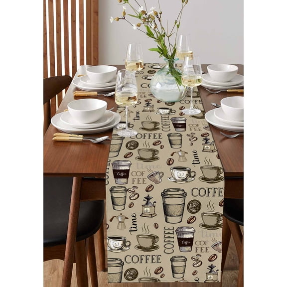 Retro Sketch Coffee Set Bean with Quote Table Runner 13x36in Non-Slip Cotton Linen Table Runners, Aromatic Drink on Khaki Dresser Scarves TableRunner for Dinner Kitchen Dining Wedding Party